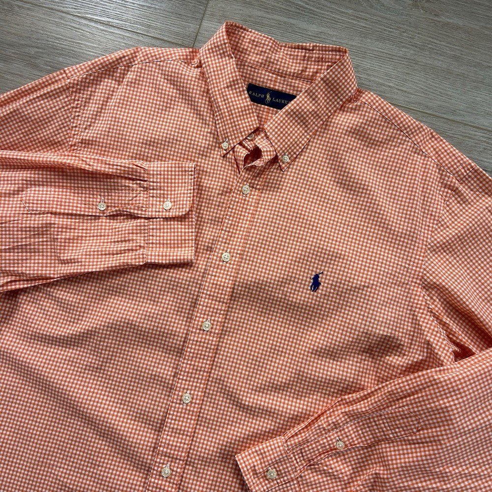 Polo Ralph Lauren 2XL XXL Orange Gingham‎ Button Up Shirt Blue Pony